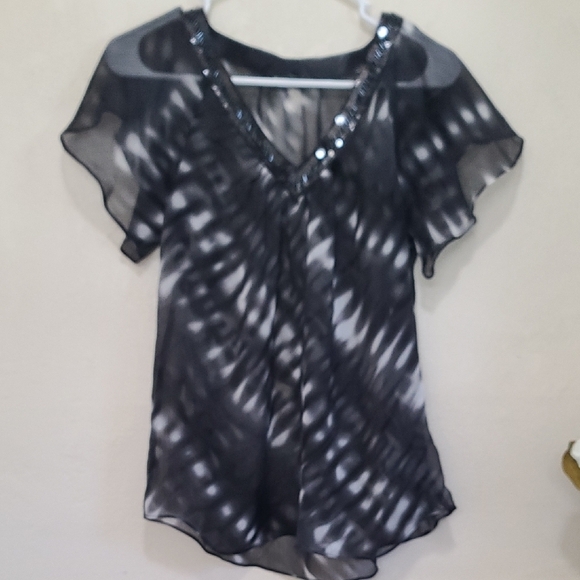 Express Tops - Express Black and White Asymmetrical Embellished Blouse